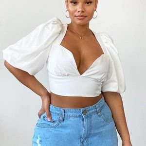 PLT White Puff Sleeve Crop Top